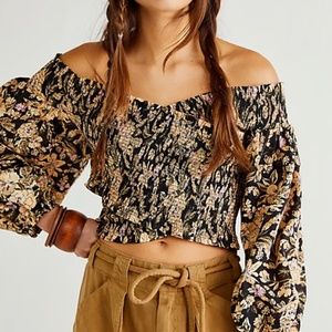 Free People Black Floral Off-Shoulder Smocked Crop Top